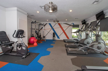 Gym with a variety of equipment including weights
